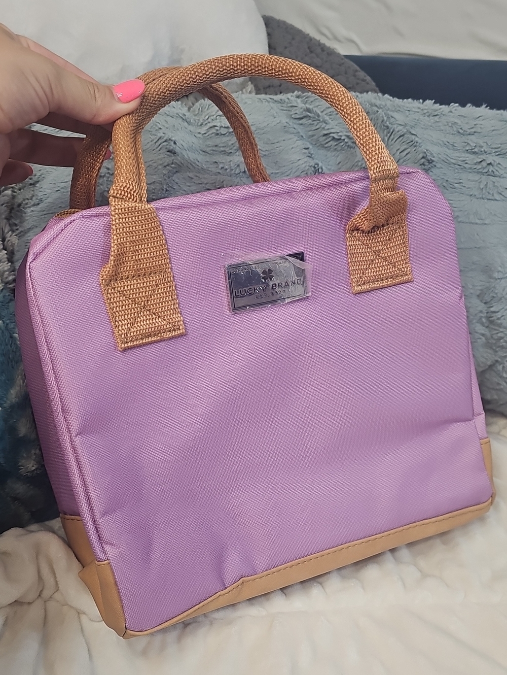 NewLucky Brand Insulated Lunch Box Lavender Snack Tote Tan Trim